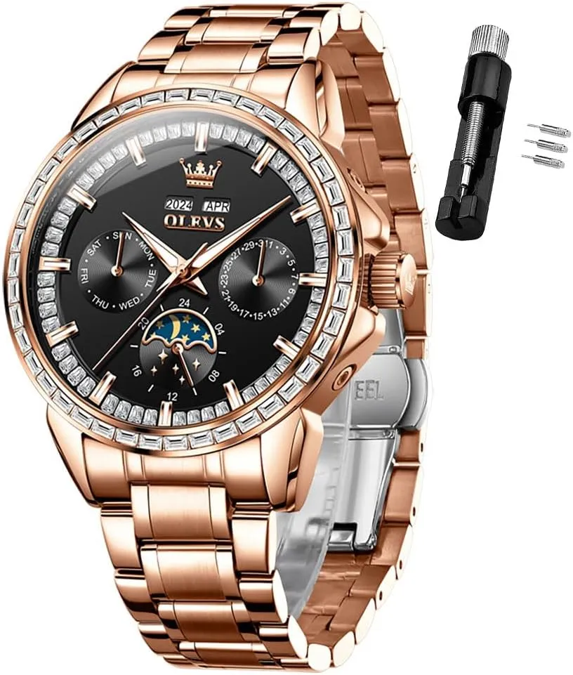 threat collide celebratory homing Luxury Automatic Self Winding Diamond Stainless Steel Multi-Function Calendar Watch Waterproof Luminous OLEVS Men Watch 