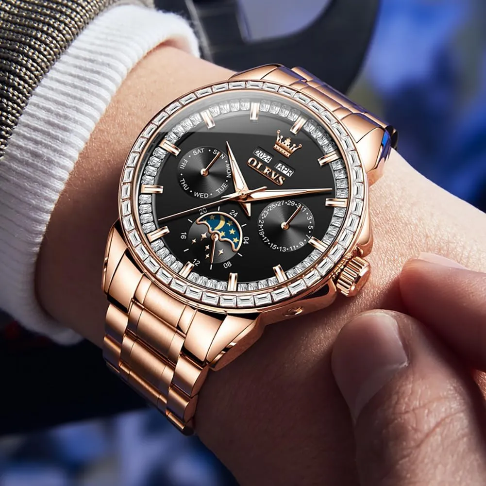 threat collide celebratory homing Luxury Automatic Self Winding Diamond Stainless Steel Multi-Function Calendar Watch Waterproof Luminous OLEVS Men Watch 