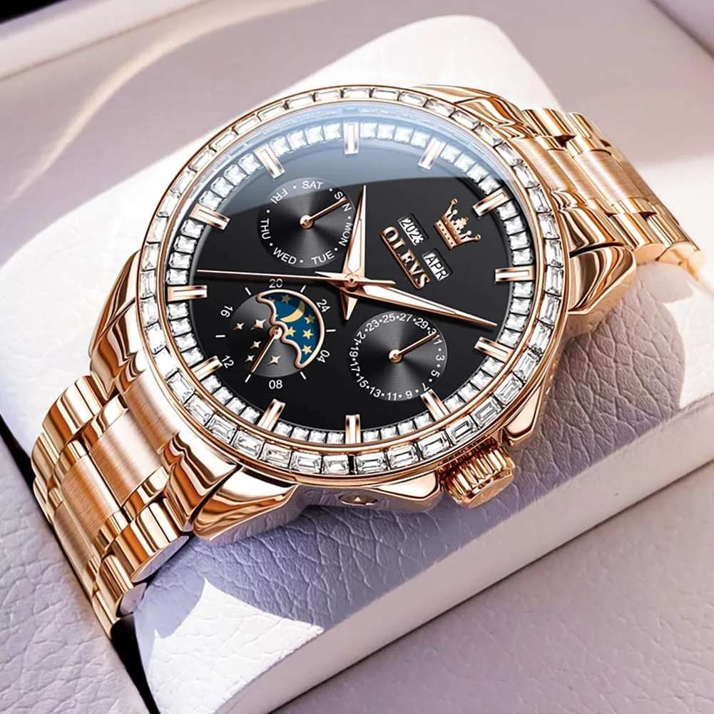 threat collide celebratory homing Luxury Automatic Self Winding Diamond Stainless Steel Multi-Function Calendar Watch Waterproof Luminous OLEVS Men Watch 