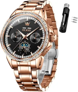 threat collide celebratory homing Luxury Automatic Self Winding Diamond Stainless Steel Multi-Function Calendar Watch Waterproof Luminous OLEVS Men Watch 