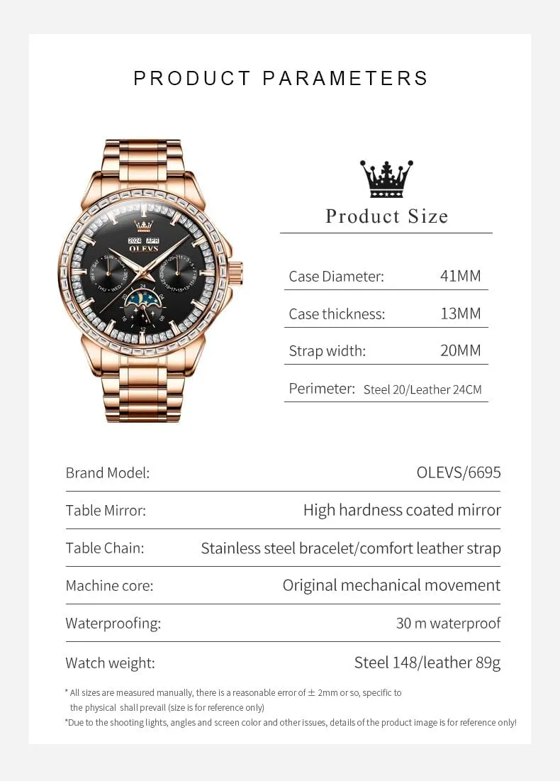 threat collide celebratory homing Luxury Automatic Self Winding Diamond Stainless Steel Multi-Function Calendar Watch Waterproof Luminous OLEVS Men Watch 