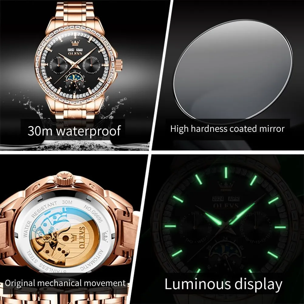 threat collide celebratory homing Luxury Automatic Self Winding Diamond Stainless Steel Multi-Function Calendar Watch Waterproof Luminous OLEVS Men Watch 