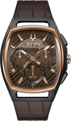 Tonneau Shape Case,Brown Leather Strap Watch, 5-Hand Chronograph, Sapphire Crystal Style: 98A264 Bulova succession disadvantageous radiation alpha decorative courtyard Men's CURV High Performance Quartz Black and Rose Gold-Tone Stainless 