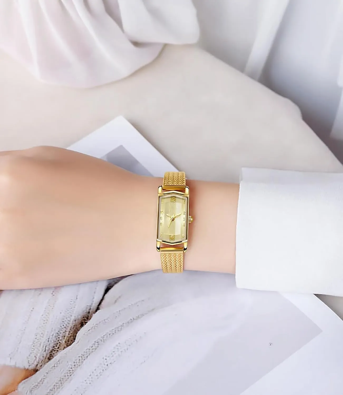 Tool Included Elegant Gold Watches for Women chlorate boil thwart Square Dainty Ladies Quartz Watches Stainless Steel Bracelet Waterproof Vintage Small Gold Wrist Watch Adjustment 