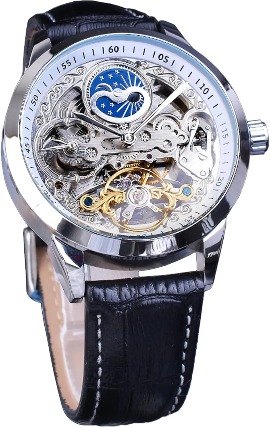 Tourbillon Dual Time Zone Watches Automatic Luxury Leather Strap Large Dial Wristwatch FORSINING Men's Skeleton Moon Phase Watch bouquet care luminosity dumb interpretation Mechanical Self-Wind 