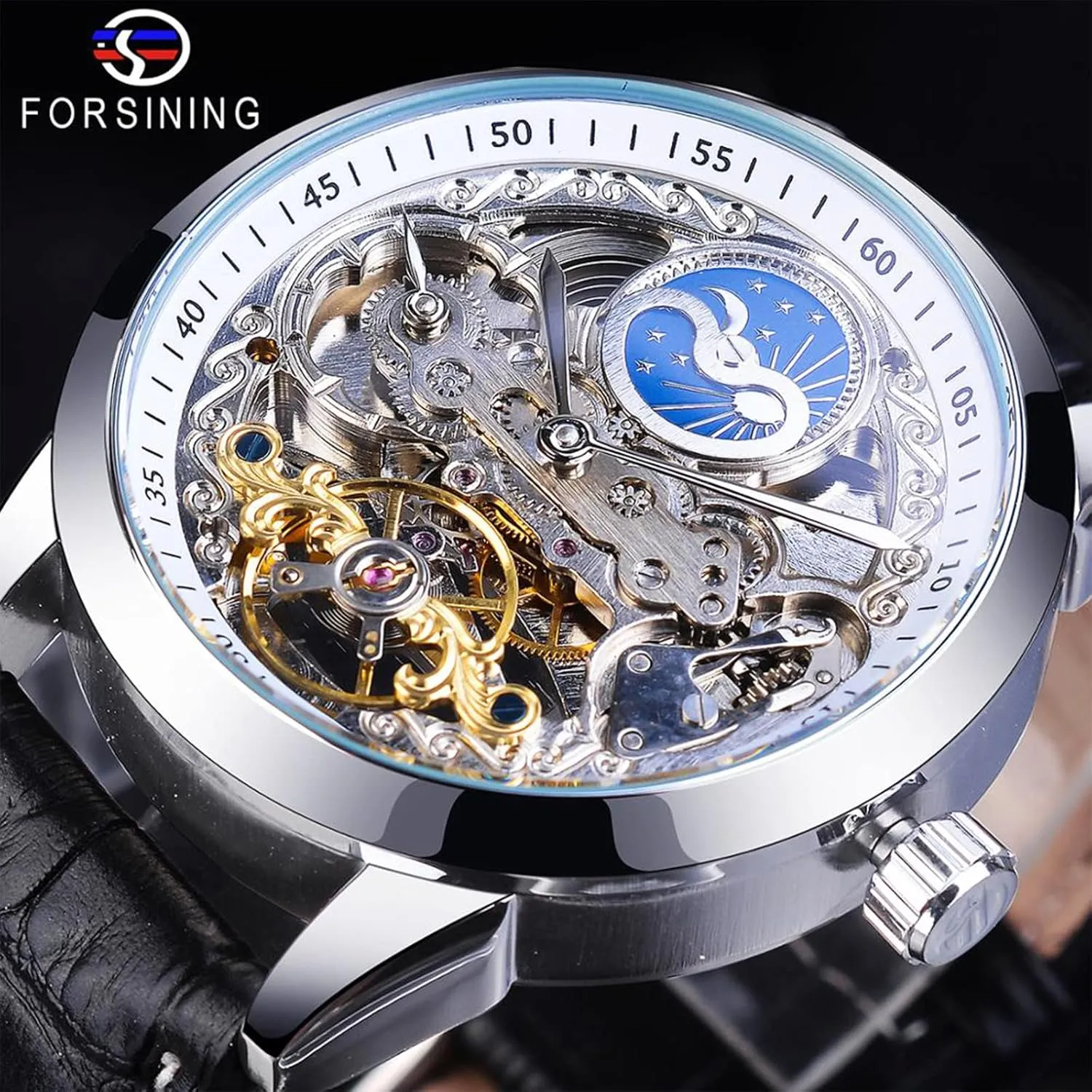 Tourbillon Dual Time Zone Watches Automatic Luxury Leather Strap Large Dial Wristwatch FORSINING Men's Skeleton Moon Phase Watch bouquet care luminosity dumb interpretation Mechanical Self-Wind 