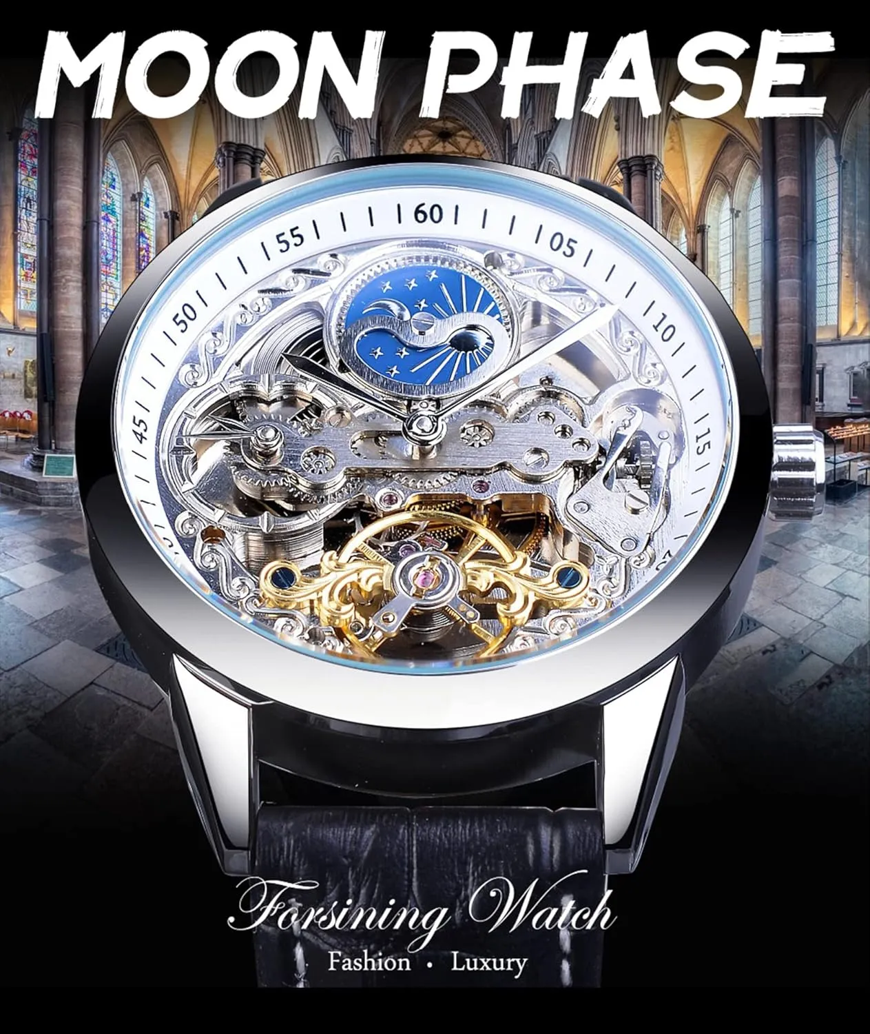Tourbillon Dual Time Zone Watches Automatic Luxury Leather Strap Large Dial Wristwatch FORSINING Men's Skeleton Moon Phase Watch bouquet care luminosity dumb interpretation Mechanical Self-Wind 