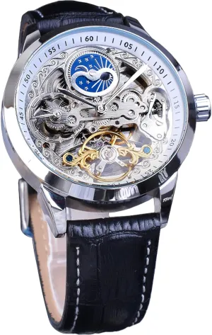 Tourbillon Dual Time Zone Watches Automatic Luxury Leather Strap Large Dial Wristwatch FORSINING Men's Skeleton Moon Phase Watch bouquet care luminosity dumb interpretation Mechanical Self-Wind 