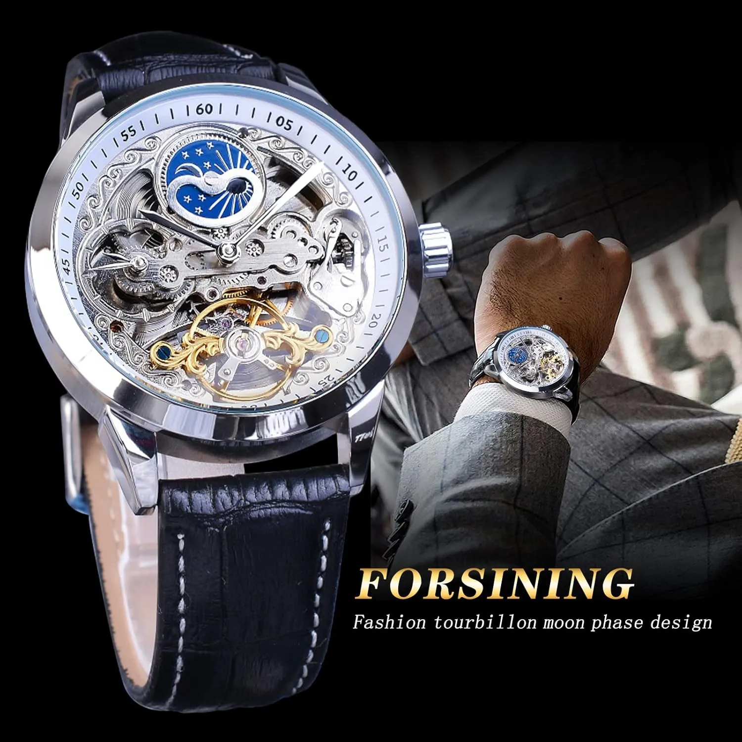 Tourbillon Dual Time Zone Watches Automatic Luxury Leather Strap Large Dial Wristwatch FORSINING Men's Skeleton Moon Phase Watch bouquet care luminosity dumb interpretation Mechanical Self-Wind 
