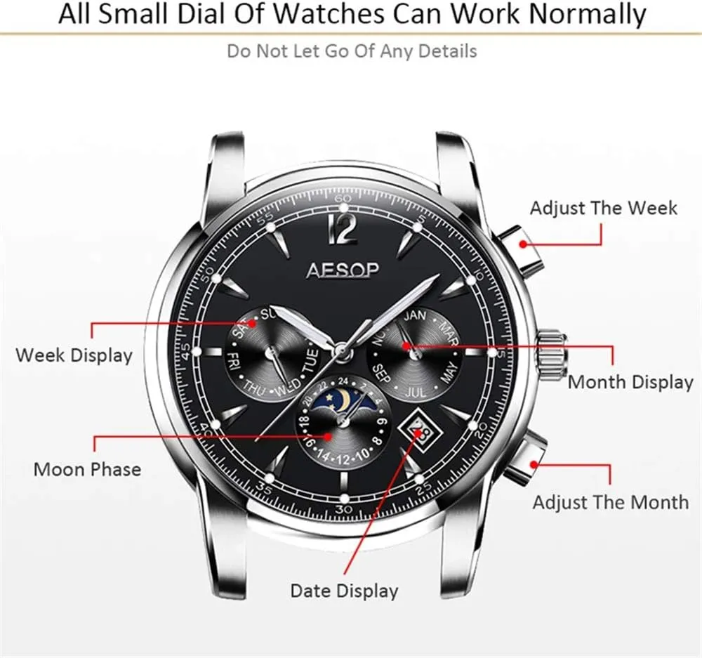 Tourbillon Moon Phase Classic Calendar Window Dress Watch Waterproof MASTOPMen's Luxury Washington fauna monument Automatic Mechanical Watches Business Stainless Steel Band Sapphire 