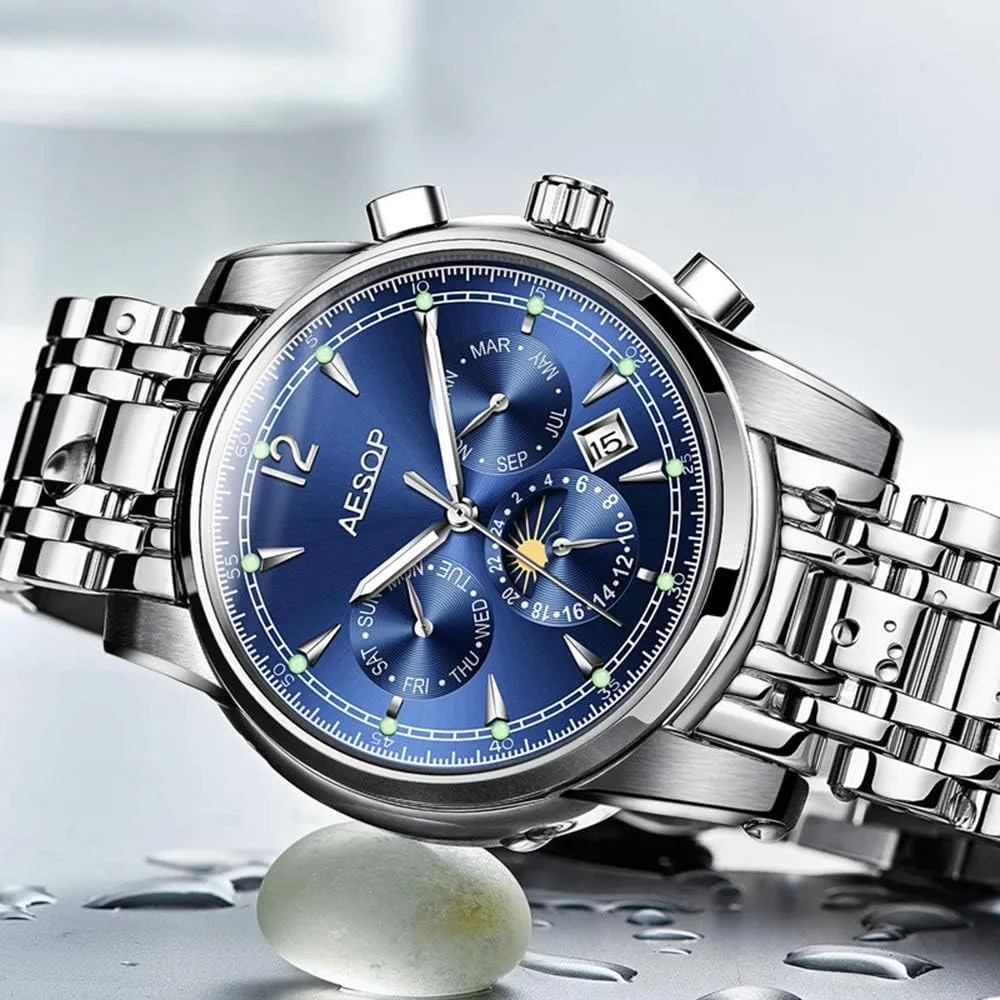 Tourbillon Moon Phase Classic Calendar Window Dress Watch Waterproof MASTOPMen's Luxury Washington fauna monument Automatic Mechanical Watches Business Stainless Steel Band Sapphire 