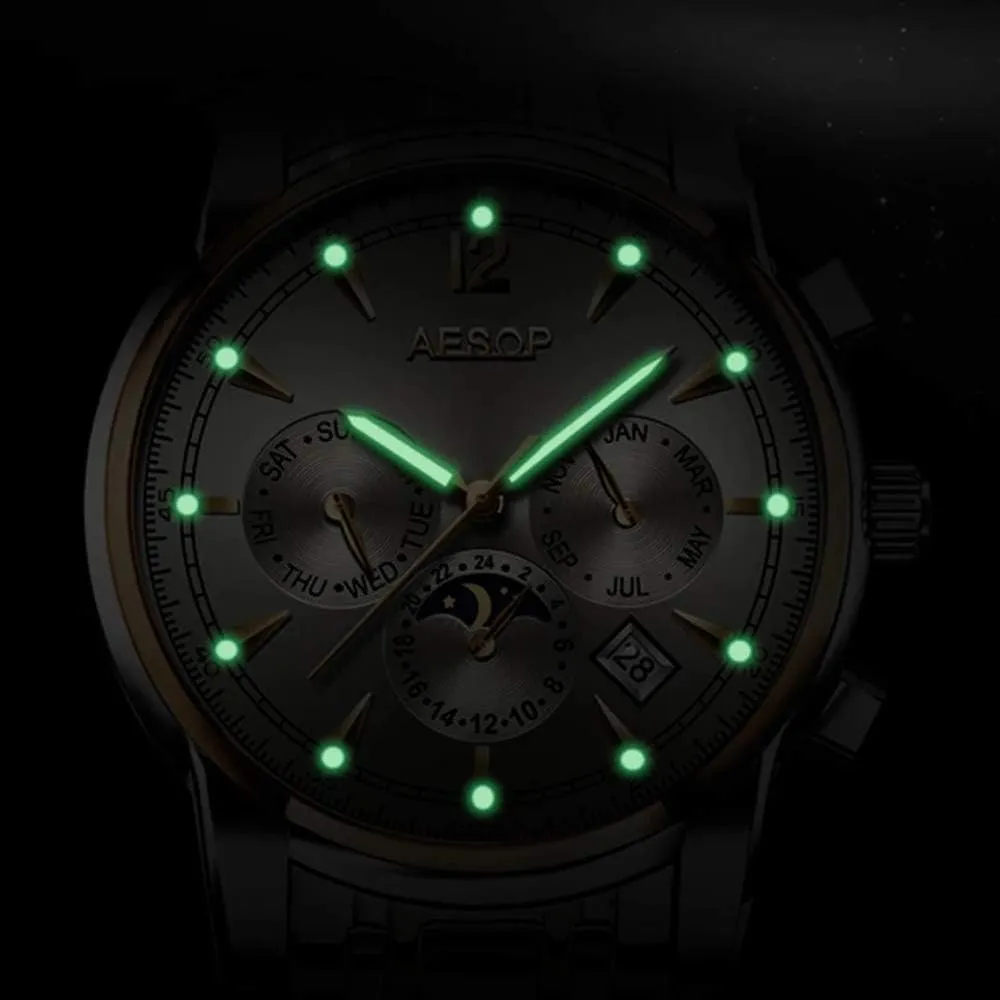 Tourbillon Moon Phase Classic Calendar Window Dress Watch Waterproof MASTOPMen's Luxury Washington fauna monument Automatic Mechanical Watches Business Stainless Steel Band Sapphire 