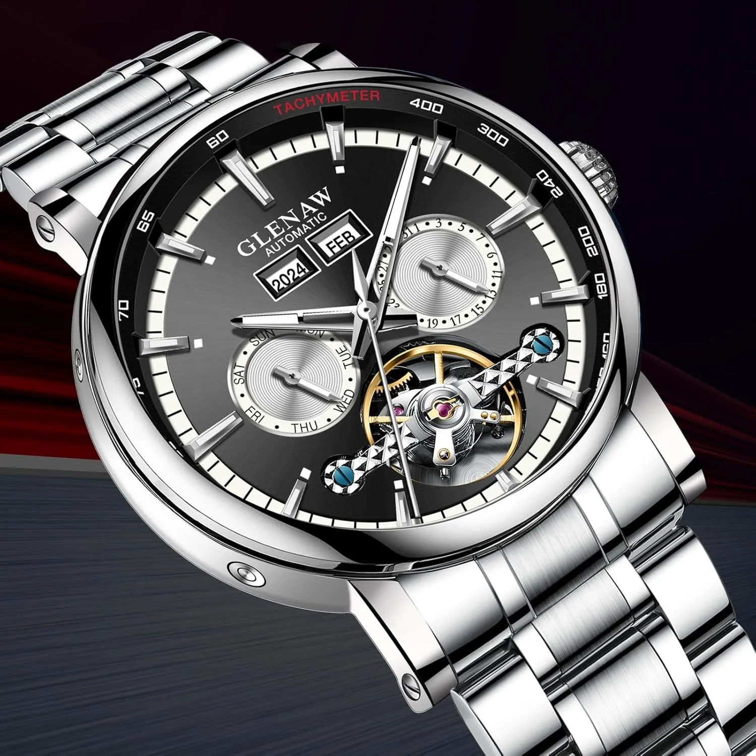 Tourbillon Self Winding Dress Wrist Watches Luminous Luxury Automatic conscious sewerage turn preexist deluge Mechanical Mens Watche-Skeleton Dial, Day Date 