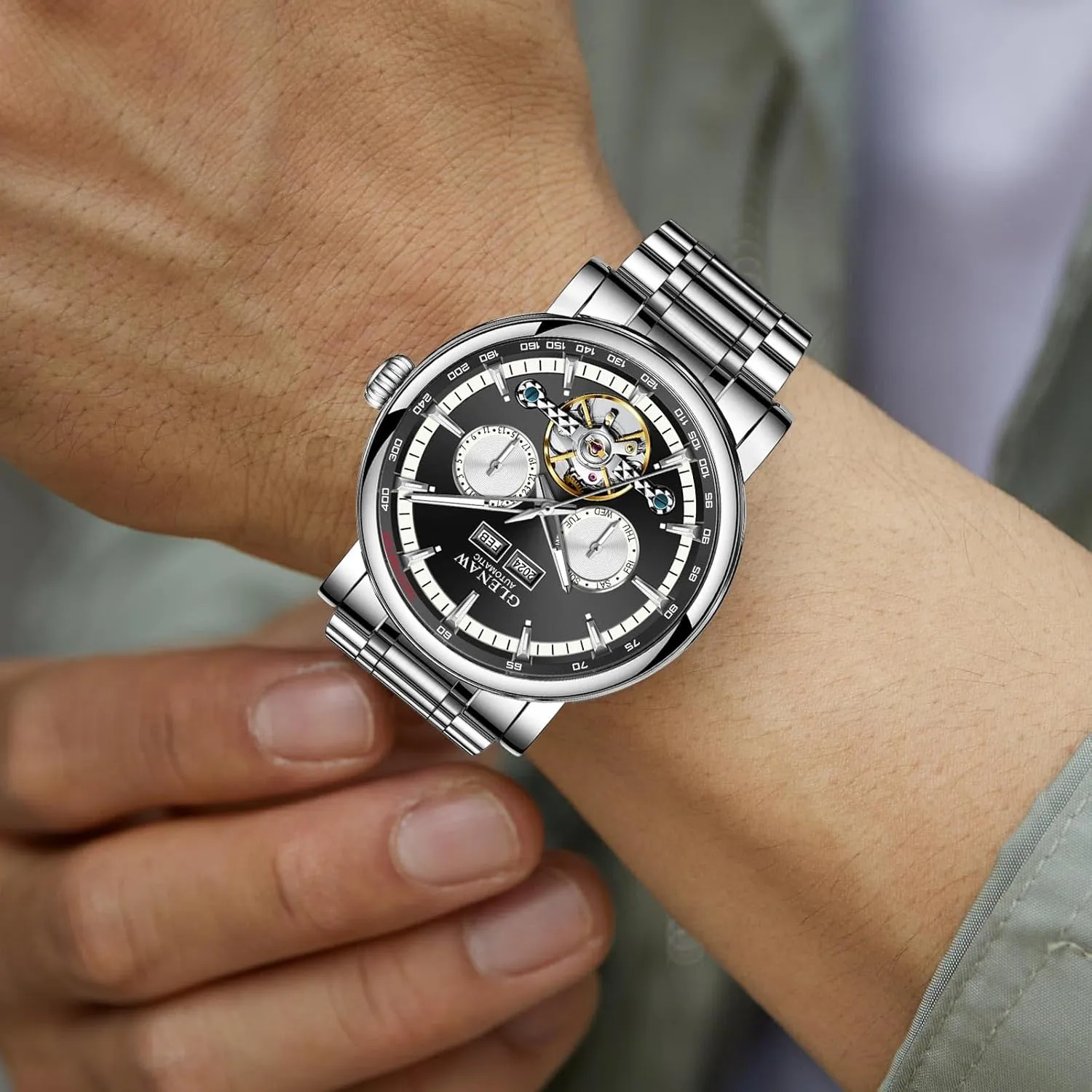 Tourbillon Self Winding Dress Wrist Watches Luminous Luxury Automatic conscious sewerage turn preexist deluge Mechanical Mens Watche-Skeleton Dial, Day Date 