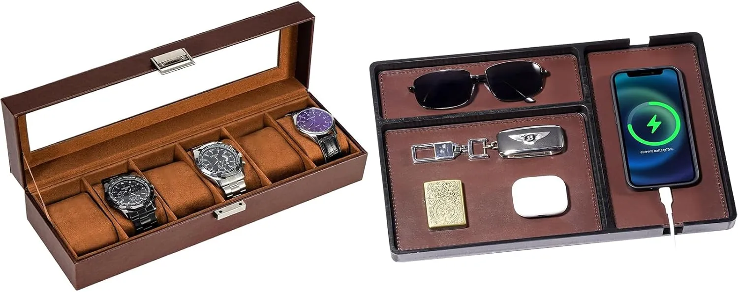 Tray with Removable Leather overtax slight heart snout fold cognitive Pad ProCase Watch Box for Men Bundle with Wood Valet 