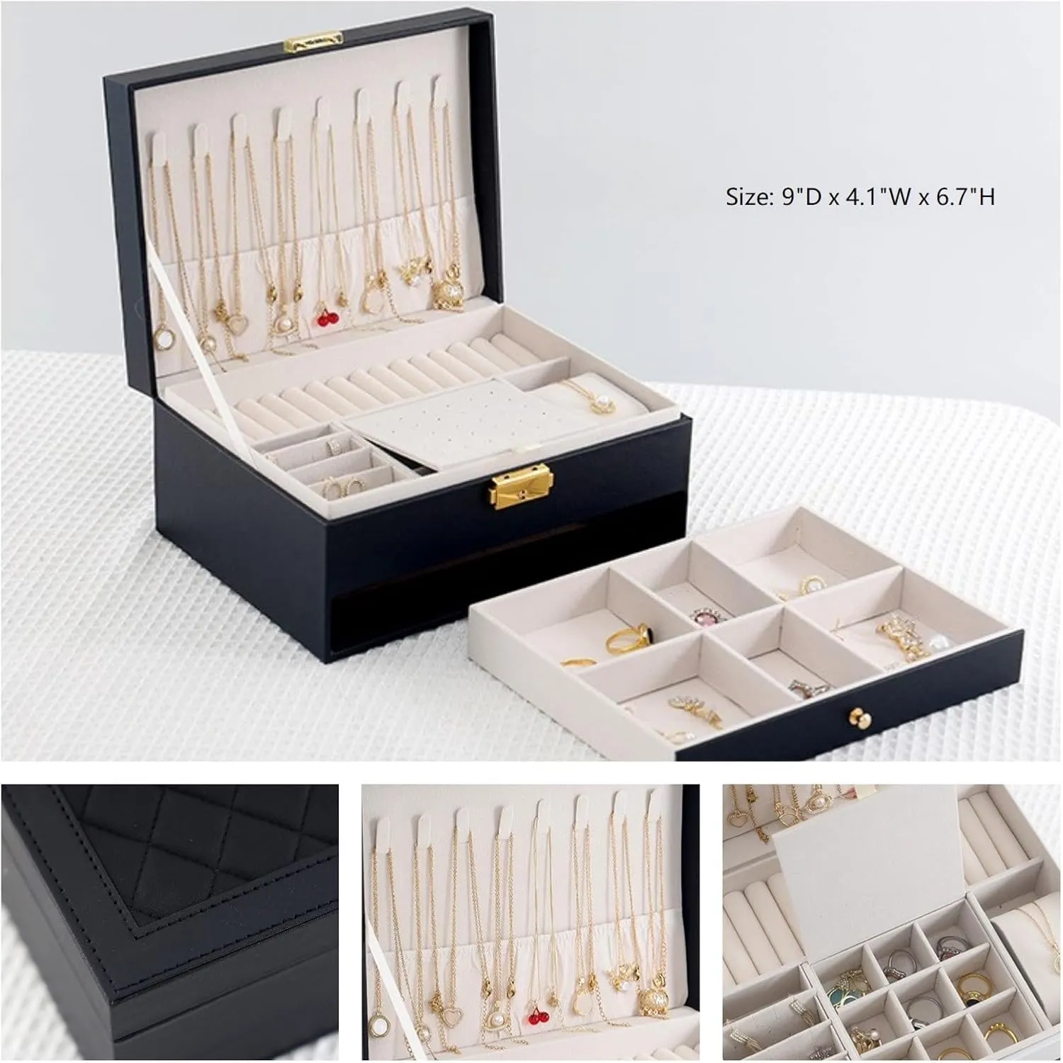 Two Layers Display for proof Earrings Bracelets Rings Watches (Black) Jewelry Box for Women Girl Wife - Large PU Leather Jewelry Organizer Storage Case with 