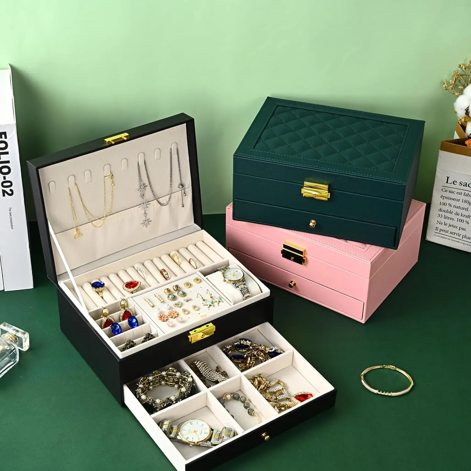 Two Layers Display for proof Earrings Bracelets Rings Watches (Black) Jewelry Box for Women Girl Wife - Large PU Leather Jewelry Organizer Storage Case with 
