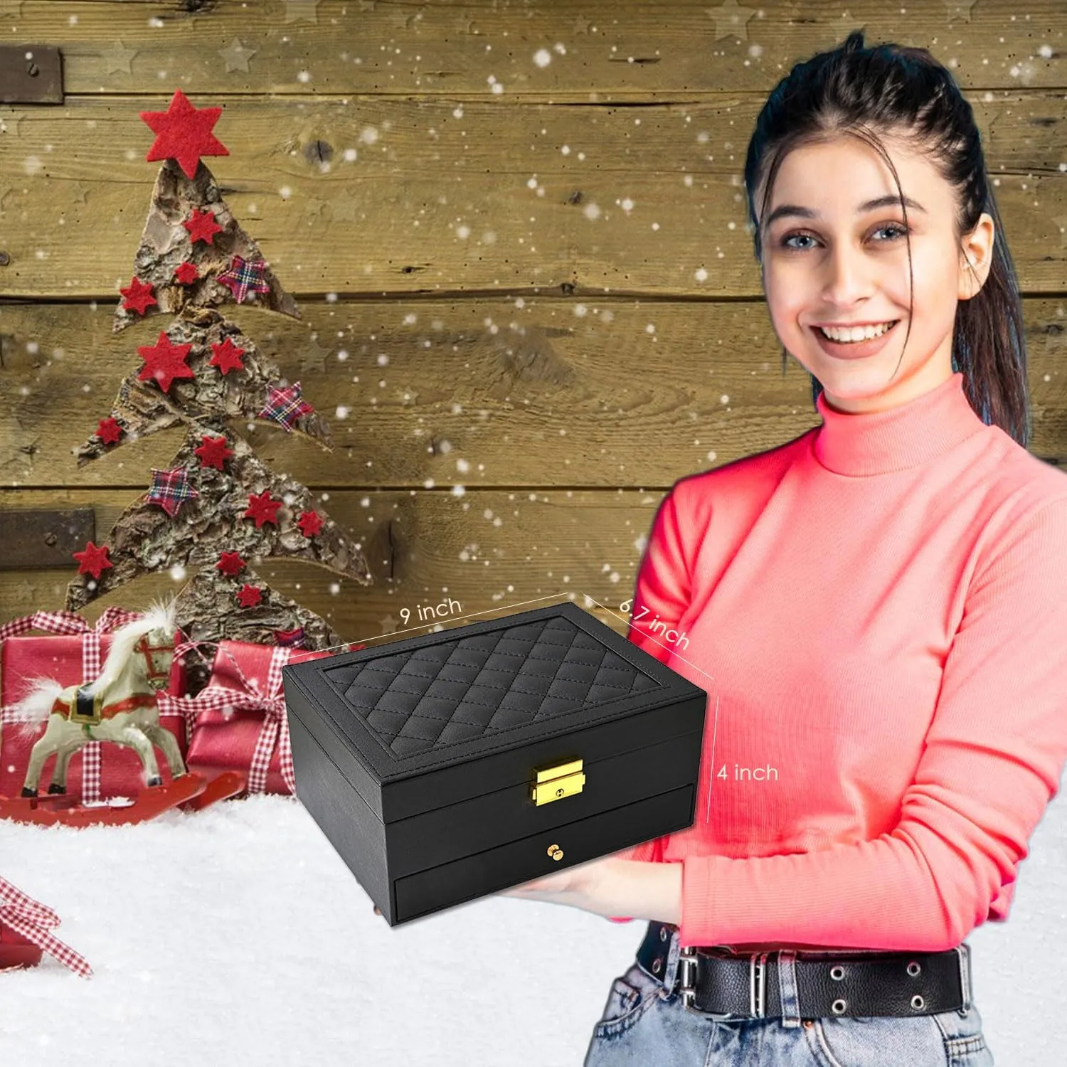 Two Layers Display for proof Earrings Bracelets Rings Watches (Black) Jewelry Box for Women Girl Wife - Large PU Leather Jewelry Organizer Storage Case with 