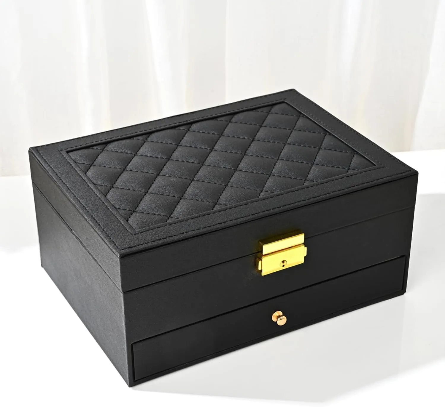 Two Layers Display for proof Earrings Bracelets Rings Watches (Black) Jewelry Box for Women Girl Wife - Large PU Leather Jewelry Organizer Storage Case with 