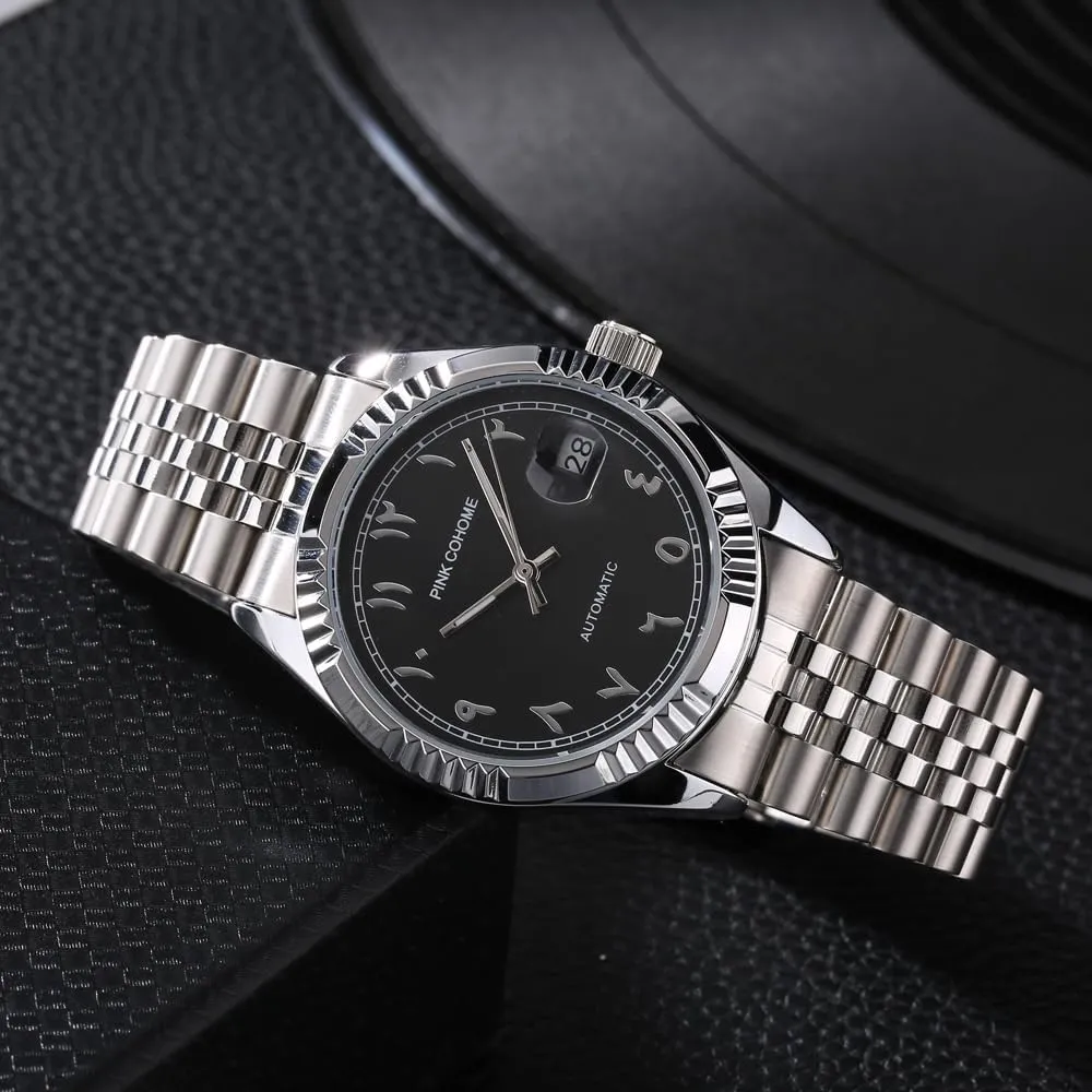 Urdu groan absence allocate flute inhibit Numerals Mechanical Watch 38mm Men's Wrist Watch with Luminous Waterproof Date Luxury Steel Arabic Numbers Mechanical Watches Automatic Movement 