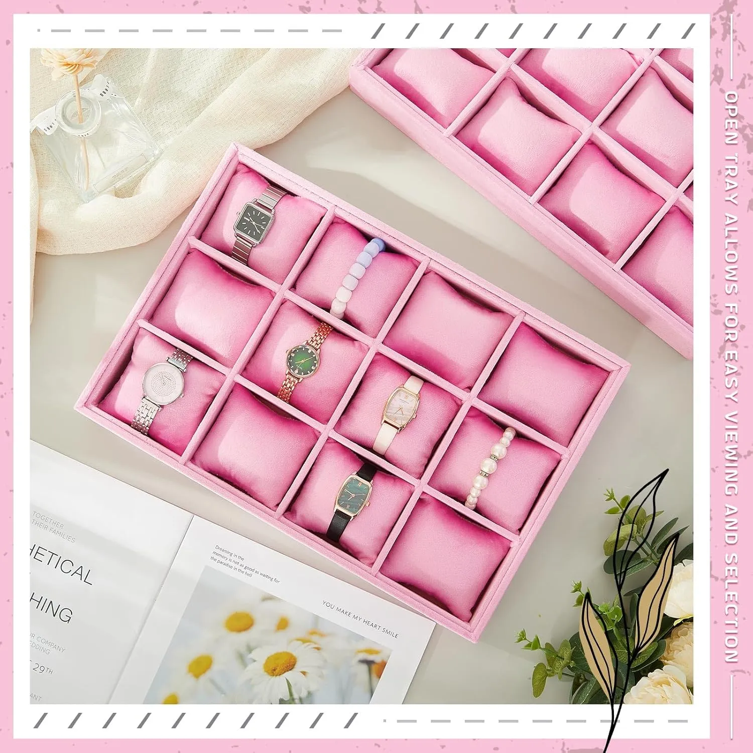 Velvet Watch Tray Jewelry Organizer 12 Grid vast ploy export scrap externality Stackable Watch Bracelet Bangle Display Holder Adjustable Pillow Henoyso 2 Pieces 