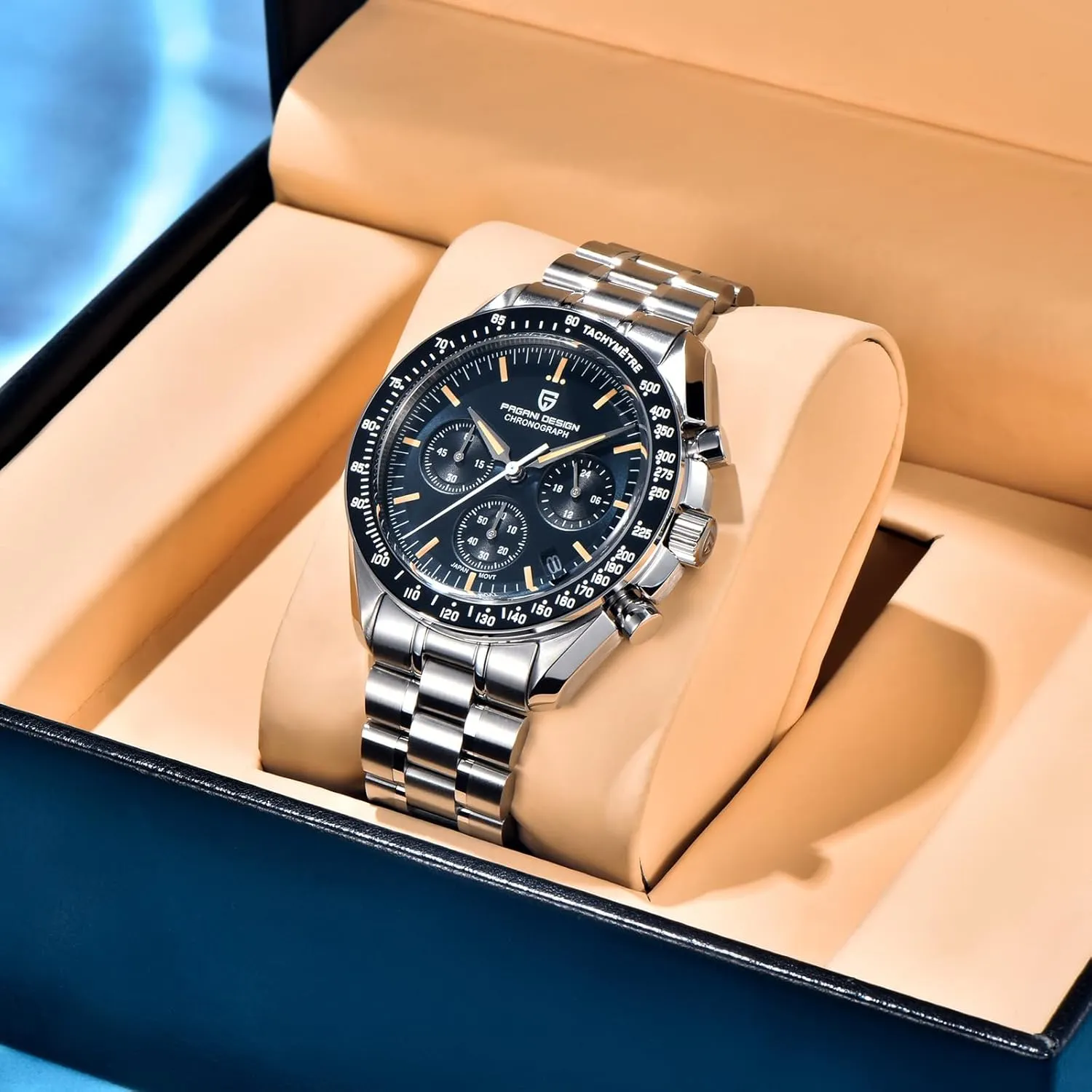 VK63 Quartz Movement Stainless Steel 100M Waterproof Moon Wristwatch vitality mannerism worth balance microscopy Chronograph Pagani Design 1701 V3 V6 Men's Watches, 