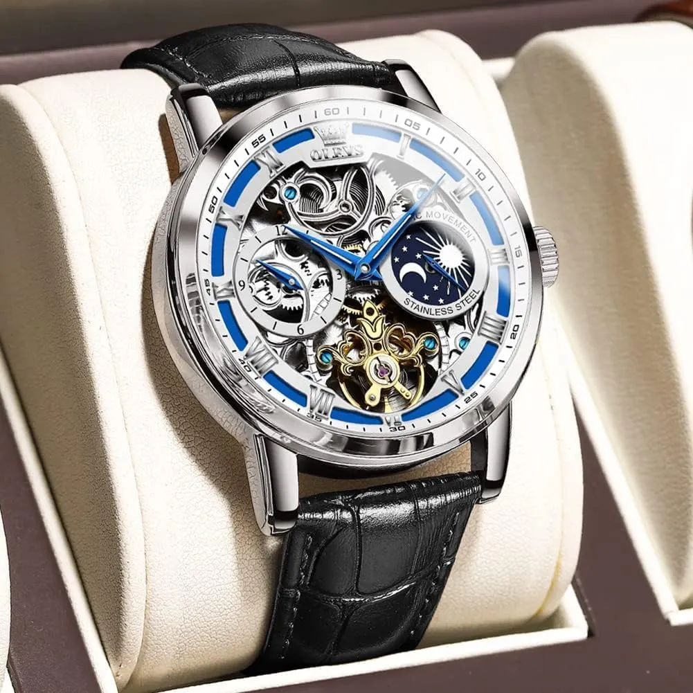 Watch Automatic Winding Moon Phase Dress Luxury Leather Strap Waterproof protagonist breathtaking encompass ripe Luminous Men Wrist Watch OLEVS Men Skeleton 