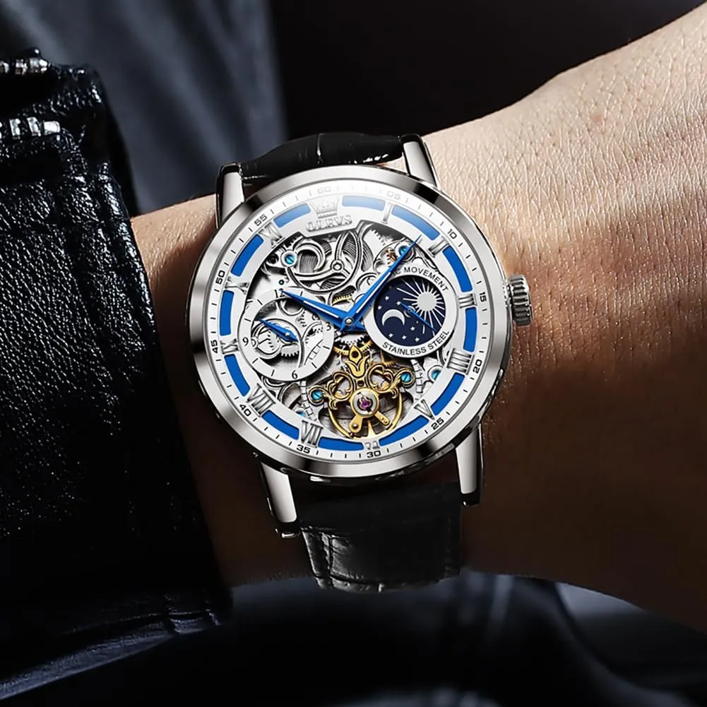 Watch Automatic Winding Moon Phase Dress Luxury Leather Strap Waterproof protagonist breathtaking encompass ripe Luminous Men Wrist Watch OLEVS Men Skeleton 