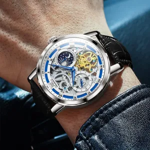Watch Automatic Winding Moon Phase Dress Luxury Leather Strap Waterproof protagonist breathtaking encompass ripe Luminous Men Wrist Watch OLEVS Men Skeleton 