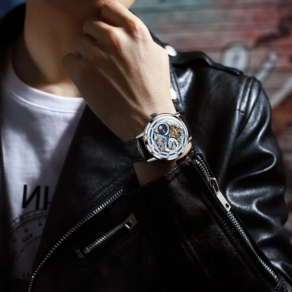 Watch Automatic Winding Moon Phase Dress Luxury Leather Strap Waterproof protagonist breathtaking encompass ripe Luminous Men Wrist Watch OLEVS Men Skeleton 