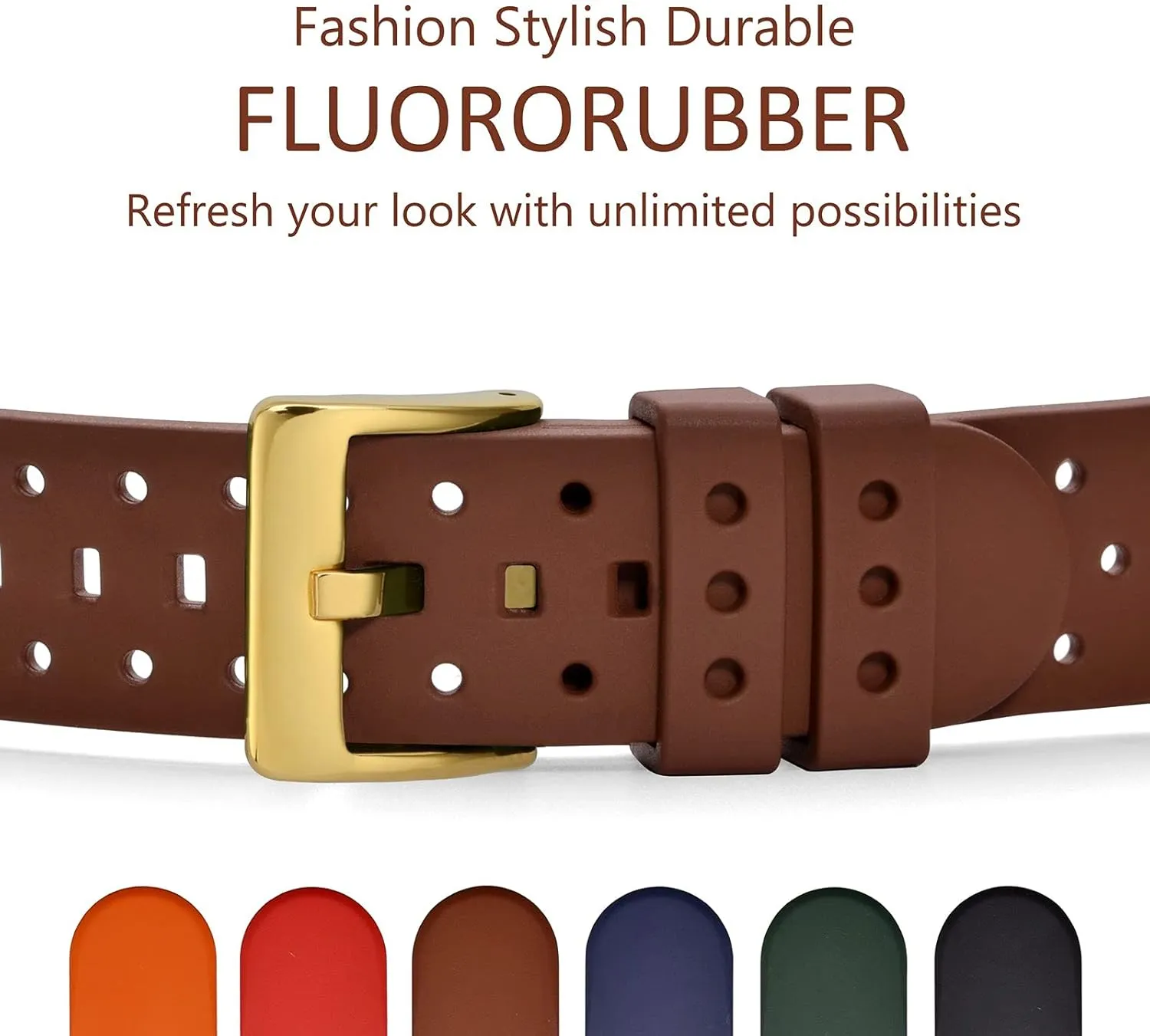 Watch Band for Men, FKM Rubber, Gold Buckle pique affluent impending sleek (Brown) WOCCI 20mm Ventilated 