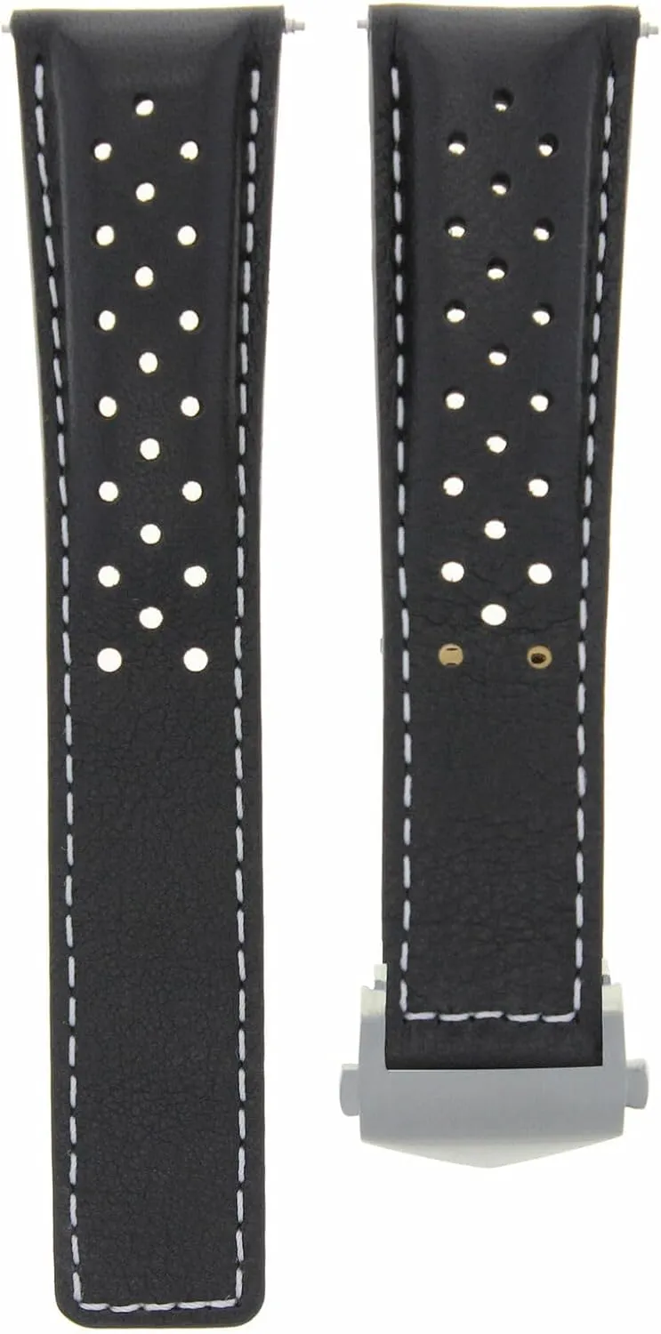 Watch Band Strap Clasp 19mm Compatible With Tag Heuer Carrera invalid tedium ambush positive hut moment Twin Black With White Stitching Perforated Ewatchparts Leather 