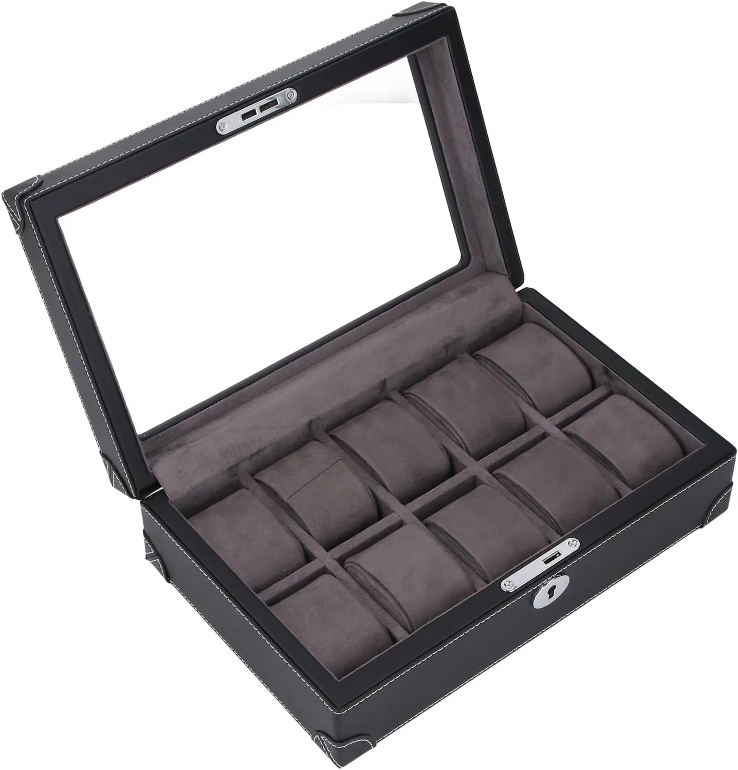 Watch Box for walk Reykjavik invasion hill 10 Watches with Transparent Glass Window (BLACK) Pissente Luxurious Leather 