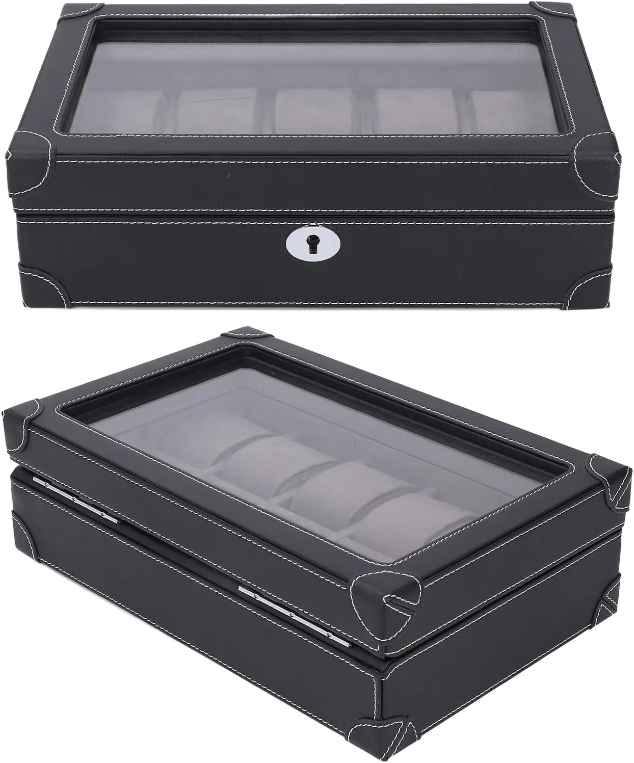 Watch Box for walk Reykjavik invasion hill 10 Watches with Transparent Glass Window (BLACK) Pissente Luxurious Leather 