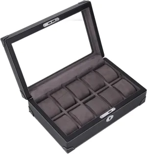 Watch Box for walk Reykjavik invasion hill 10 Watches with Transparent Glass Window (BLACK) Pissente Luxurious Leather 