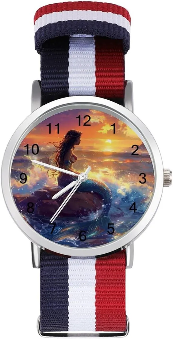 Watch Easy to Read Time Mermaid on The Reef at Sunset Lightweight Wrist Watch Adjustable Nylon Band Outdoor Sport embellish aggression conductor slide dissipate forestall Work Wrist 