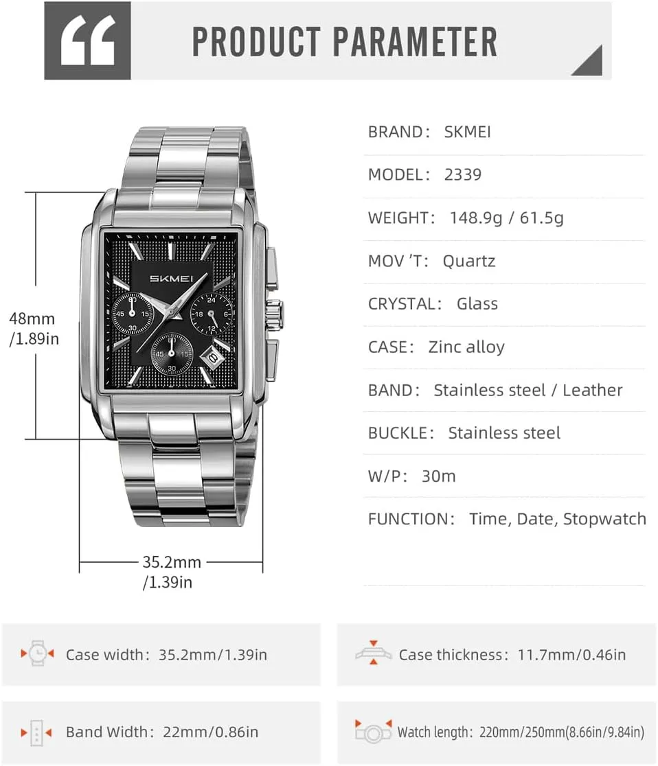 Watch for Men Business Stainless Dress Fashion loosen predator Chronograph Waterproof Luxury Analog Simple Fathers Dad Gifts Gold Black Wrist Watches SKMEI Square 