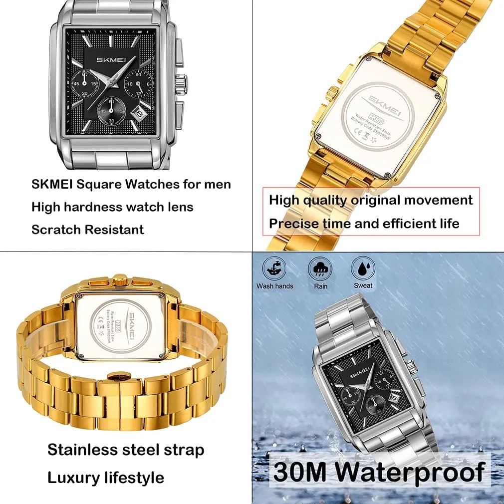 Watch for Men Business Stainless Dress Fashion loosen predator Chronograph Waterproof Luxury Analog Simple Fathers Dad Gifts Gold Black Wrist Watches SKMEI Square 