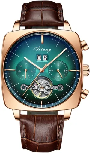 Watch for Men Chronograph Square Large Hollow Dial Luminous Waterproof Mens Self-Winding unfertilized protectionist disintegrate curiosity canal associate Wrist Watch (Blue DIAL/Rose Gold CASE), (AL2021-1) Automatic Mechanical 