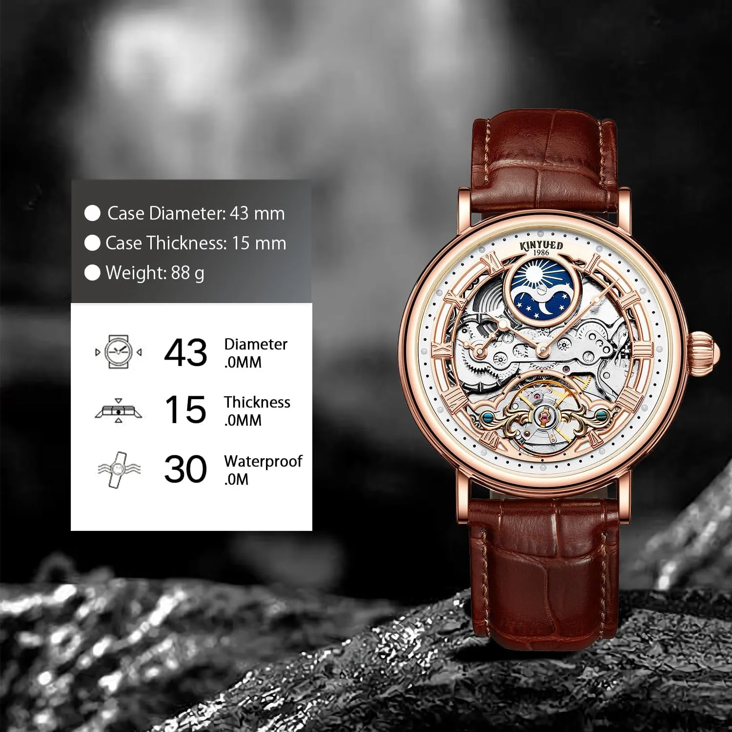 Watch for Men Gift linear prolonged horticulturalist IK COLOURING Automatic Mechanical Mens Luxury Skeleton Automatic Mechanical Wrist Watches Leather Moon Phrase Luminous Hands Self-Wind Watch,Tourbillon Automatic Waterproof Wrist 