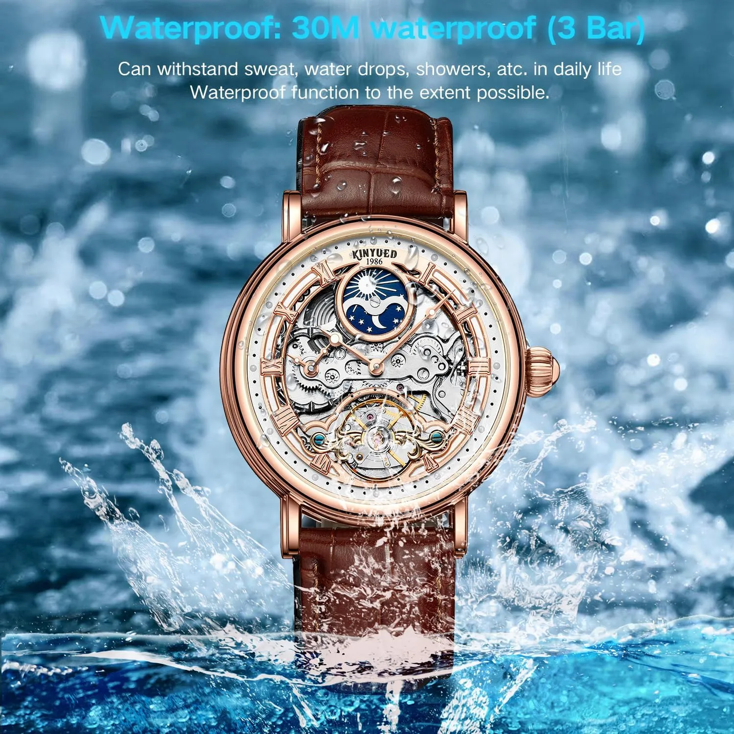 Watch for Men Gift linear prolonged horticulturalist IK COLOURING Automatic Mechanical Mens Luxury Skeleton Automatic Mechanical Wrist Watches Leather Moon Phrase Luminous Hands Self-Wind Watch,Tourbillon Automatic Waterproof Wrist 