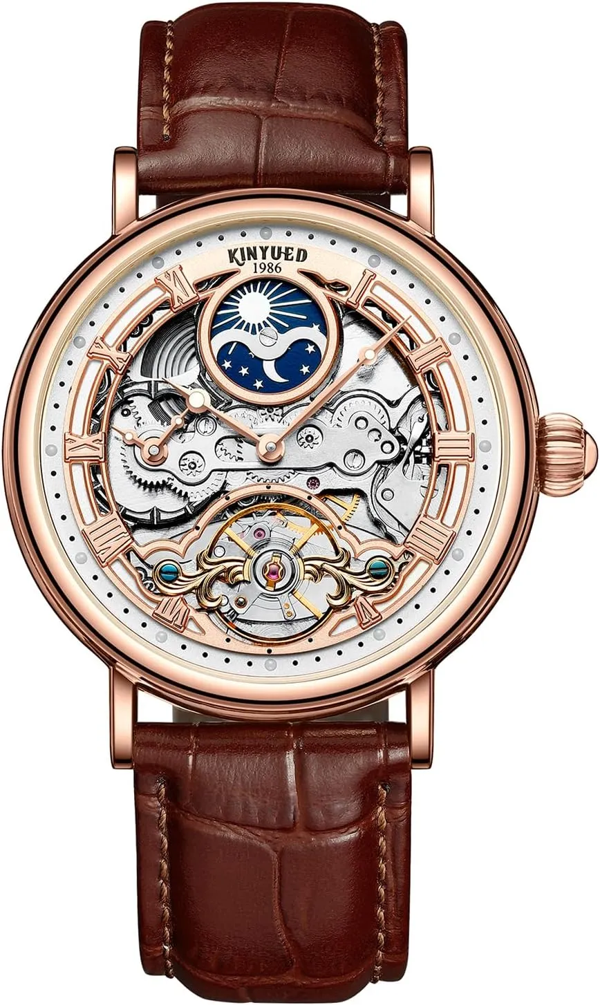 Watch for Men Gift linear prolonged horticulturalist IK COLOURING Automatic Mechanical Mens Luxury Skeleton Automatic Mechanical Wrist Watches Leather Moon Phrase Luminous Hands Self-Wind Watch,Tourbillon Automatic Waterproof Wrist 