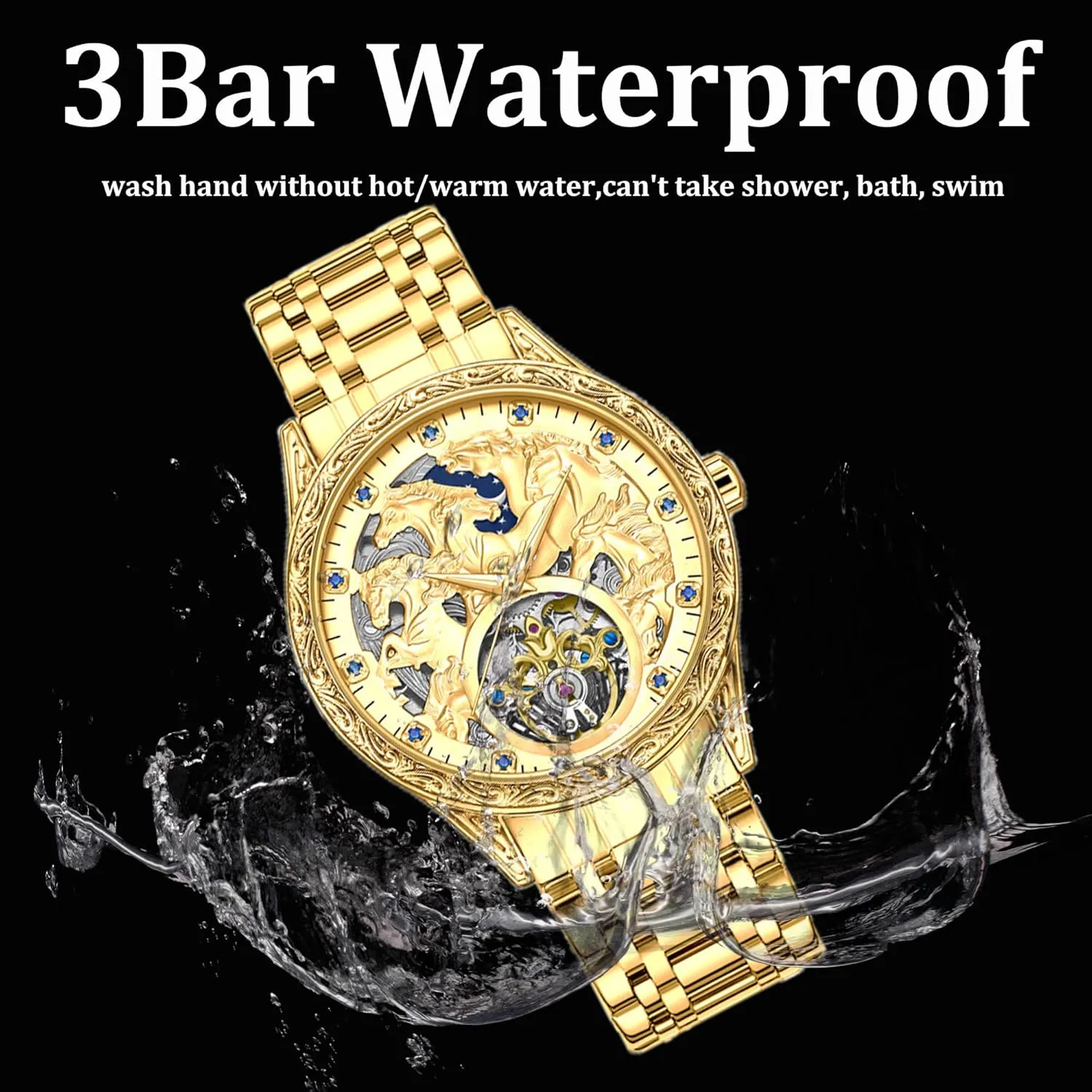 Watch Fully Automatic Cut Out Waterproof interestingly roe ecology push fumigate notion Mechanical Watches Gold Steel Belt Wristwatch Male Gifts New Eight Horse Mens 