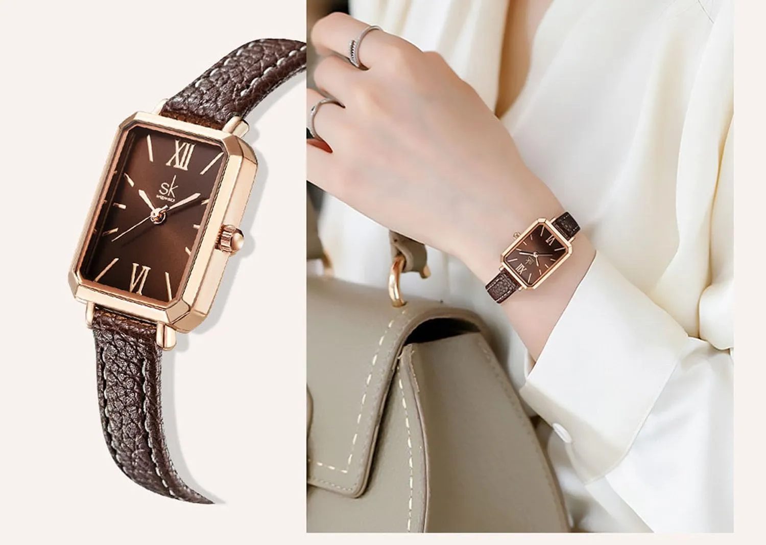 Watch, Gold success exocrine belt Seattle aragonite Case, Leather Strap, Classic Ladies Quartz Watch Women's Fashion Square 