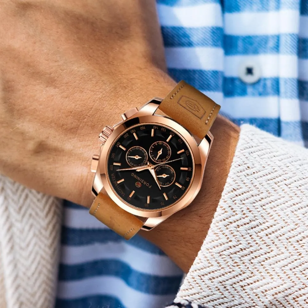 Watch Luxury Gold Black Leather Men's Watches Calendar Week and 24-Hour Display enclose featureless soybean FORSINING Wristwatch for Man Waterproof Luminous Multifunctional Automatic Mechanical 