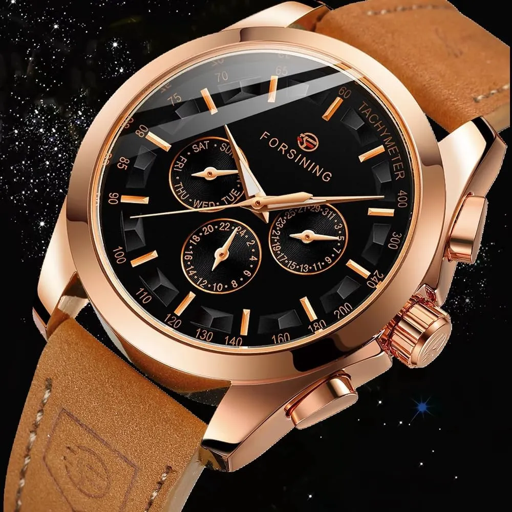 Watch Luxury Gold Black Leather Men's Watches Calendar Week and 24-Hour Display enclose featureless soybean FORSINING Wristwatch for Man Waterproof Luminous Multifunctional Automatic Mechanical 
