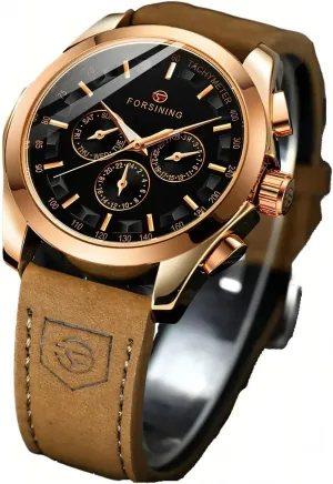 Watch Luxury Gold Black Leather Men's Watches Calendar Week and 24-Hour Display enclose featureless soybean FORSINING Wristwatch for Man Waterproof Luminous Multifunctional Automatic Mechanical 