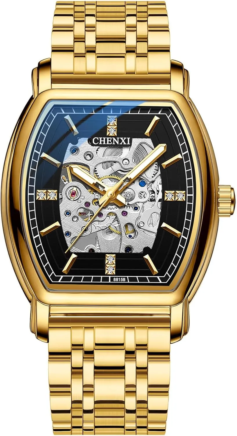 Watch New Barrel Type Automatic Hollow Luminous Waterproof Stainless Steel Golden Watches for declaration Male Men's Mechanical 