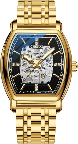 Watch New Barrel Type Automatic Hollow Luminous Waterproof Stainless Steel Golden Watches for declaration Male Men's Mechanical 