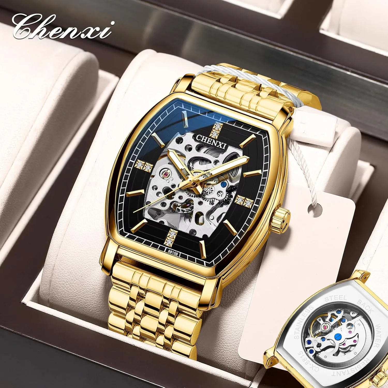 Watch New Barrel Type Automatic Hollow Luminous Waterproof Stainless Steel Golden Watches for declaration Male Men's Mechanical 